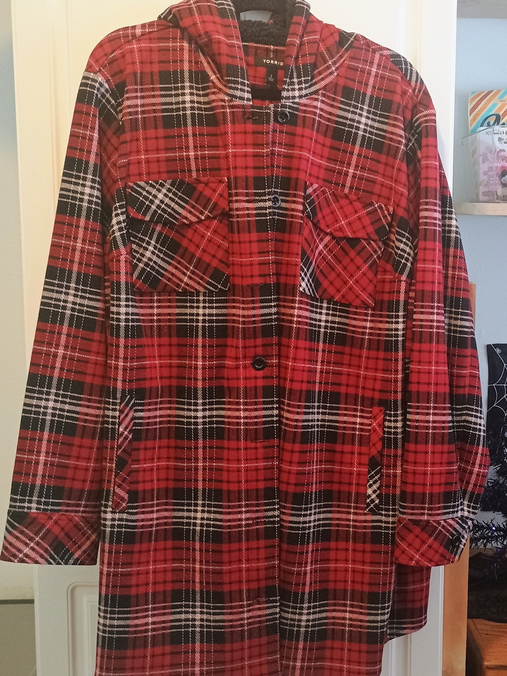 torrid Red and Black Plaid Hooded Shirt Jacket